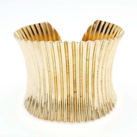 Vintage Park Lane 70's Ruffled Fluted Wide Gold Tone Cuff Bracelet - Picture 1 of 6